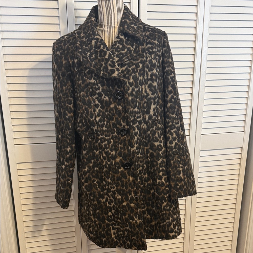 Anne Klein Brown Leopard Print Pea Coat Animal Print Large NWOT
